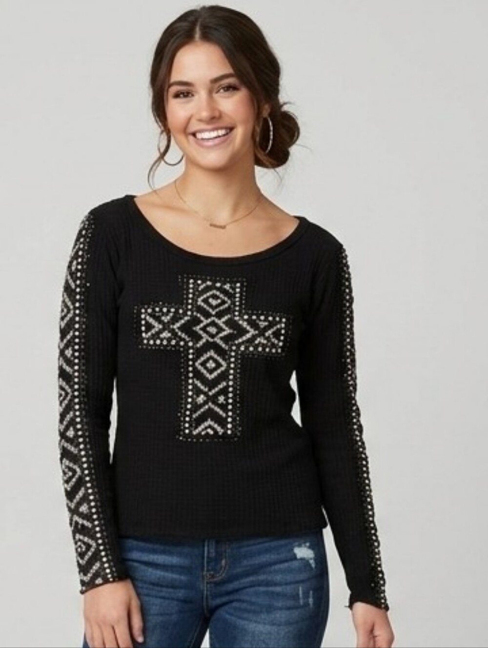 Vocal Black Long Sleeve Tee with White Aztec Stud Cross